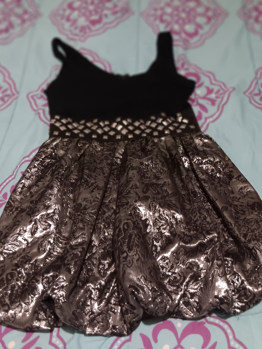 Charlotte Russe 🍑 Black Bodice Metallic Pewter Brocade Skirt Party Dress